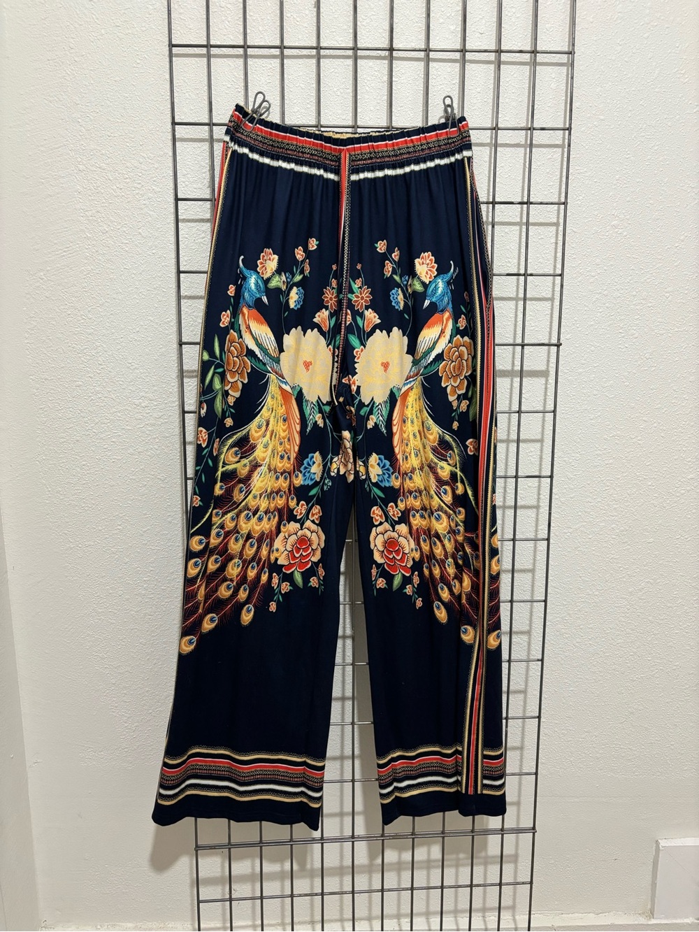 Navy Wide-Leg Pants with Colorful Peacock Print